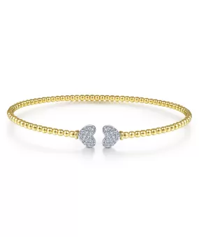 14K Yellow Gold Bujukan Split Cuff Bracelet with White Gold Pavé Diamond Hearts