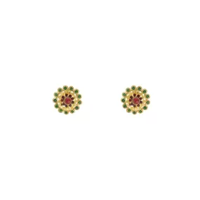 22K Yellow Gold Stud Earrings Finely Deatiled W/ Emerald & Rubies, 4.2 grams