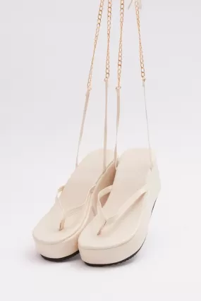 Beige Chain Decor Tie Leg Toe Post Wedge Thong Sandals