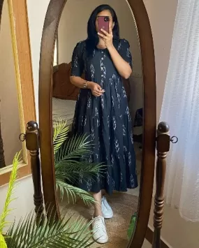 Black Cotton Ikkat Print Middi Dress 1PC