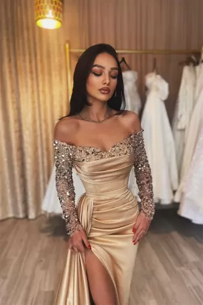 Champagne Gold Rhinestone Beaded Prom Dresses, High Slit Sexy Mermaid Long Prom Dresses, Newest Prom Dresses, Formal Dresses