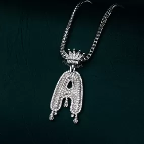 Custom Name Crown Bail Drip Bubble Letters Necklace in White Gold