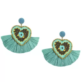 Embroidered Heart with Fan Mexican Earrings - Teal