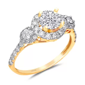 Kallati Eternal  Three Stone Round Halo Diamond Engagement Ring in 14K Yellow Gold