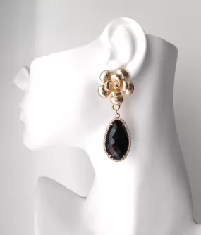 Textured Rose Studs with Haloed Black Agate Dangles