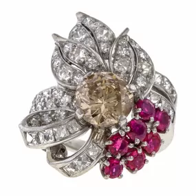 Vintage Brown & White Diamond & Ruby Ring